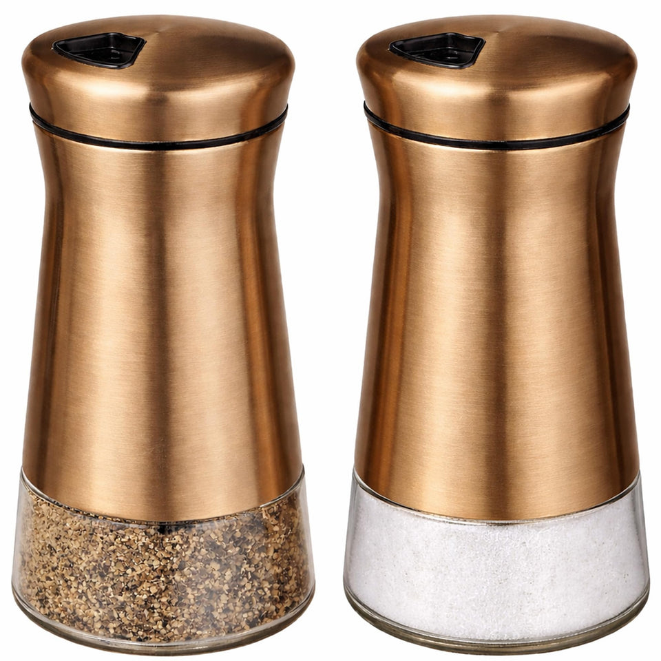 CHEFVANTAGE salt and pepper shaker bronze on kitchen counter for precise seasoning.