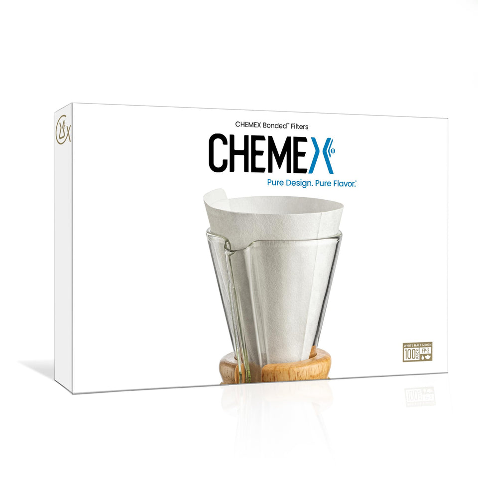 Chemex bonded half-moon filter 100ct for cleaner cups with less sediment.