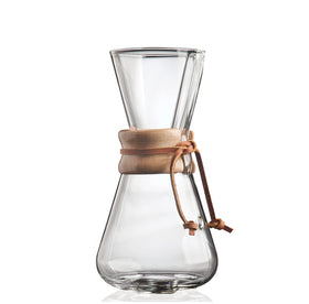 Chemex classic 3-cup pour-over shown with elegant home-brew setup.