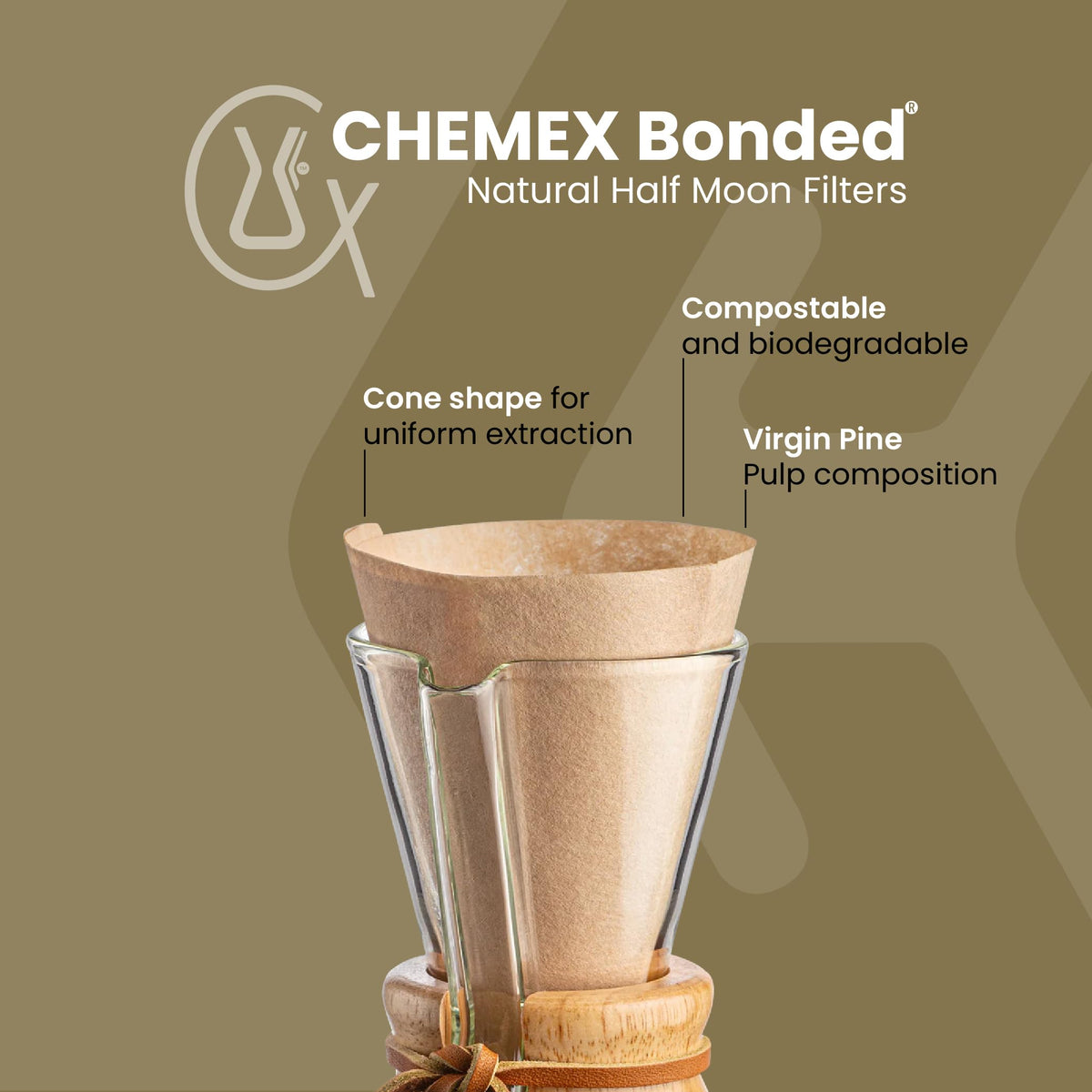 Chemex conical half moon filter promotes balanced flavor without over-extraction.