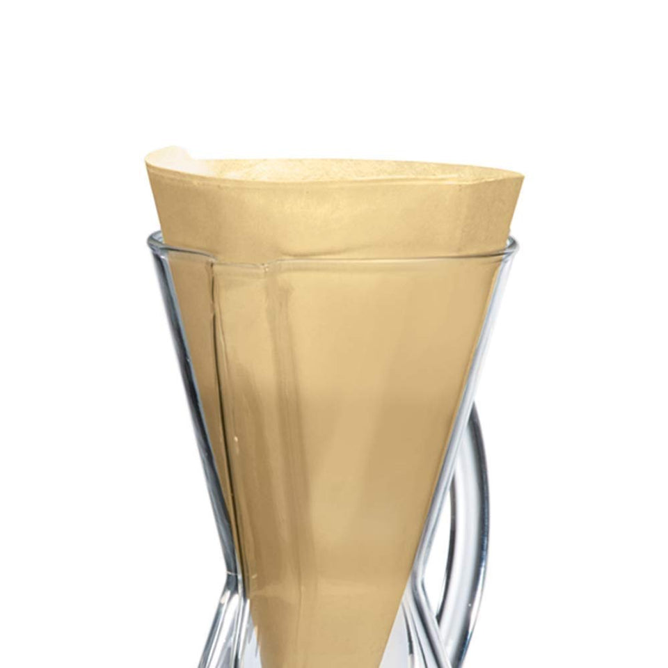 Chemex natural half moon filter ensures uniform extraction for a cleaner, smoother cup.