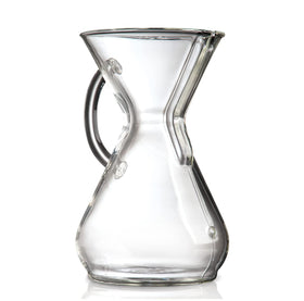 Chemex pour-over 8-cup front view highlights elegant glass craftsmanship.