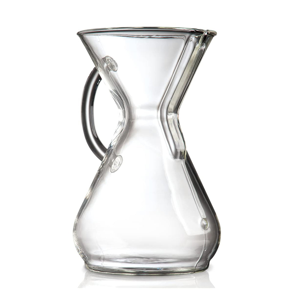 Chemex pour-over 8-cup front view highlights elegant glass craftsmanship.