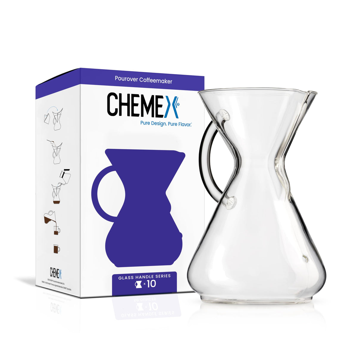Chemex pour-over glass coffeemaker with handle demonstrates precise 10-cup brew and clean flavor