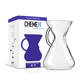 Chemex pour-over glass coffeemaker with handle demonstrates precise 10-cup brew and clean flavor