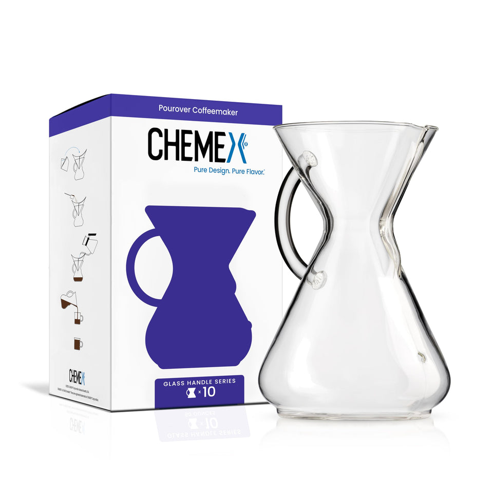 Chemex pour-over glass coffeemaker with handle demonstrates precise 10-cup brew and clean flavor