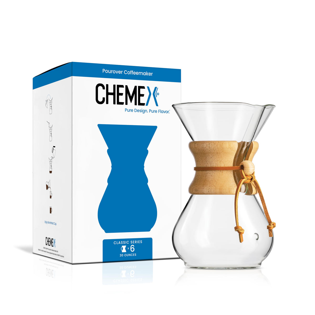 Chemex pour-over glass coffeemaker 6-cup exclusive packaging showcasing elegant design and flavor preservation
