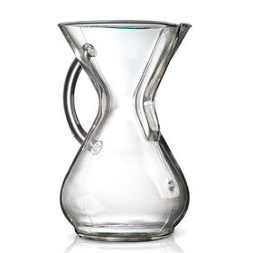 Chemex pour-over glass coffeemaker with glass handle for steady, stylish pours.