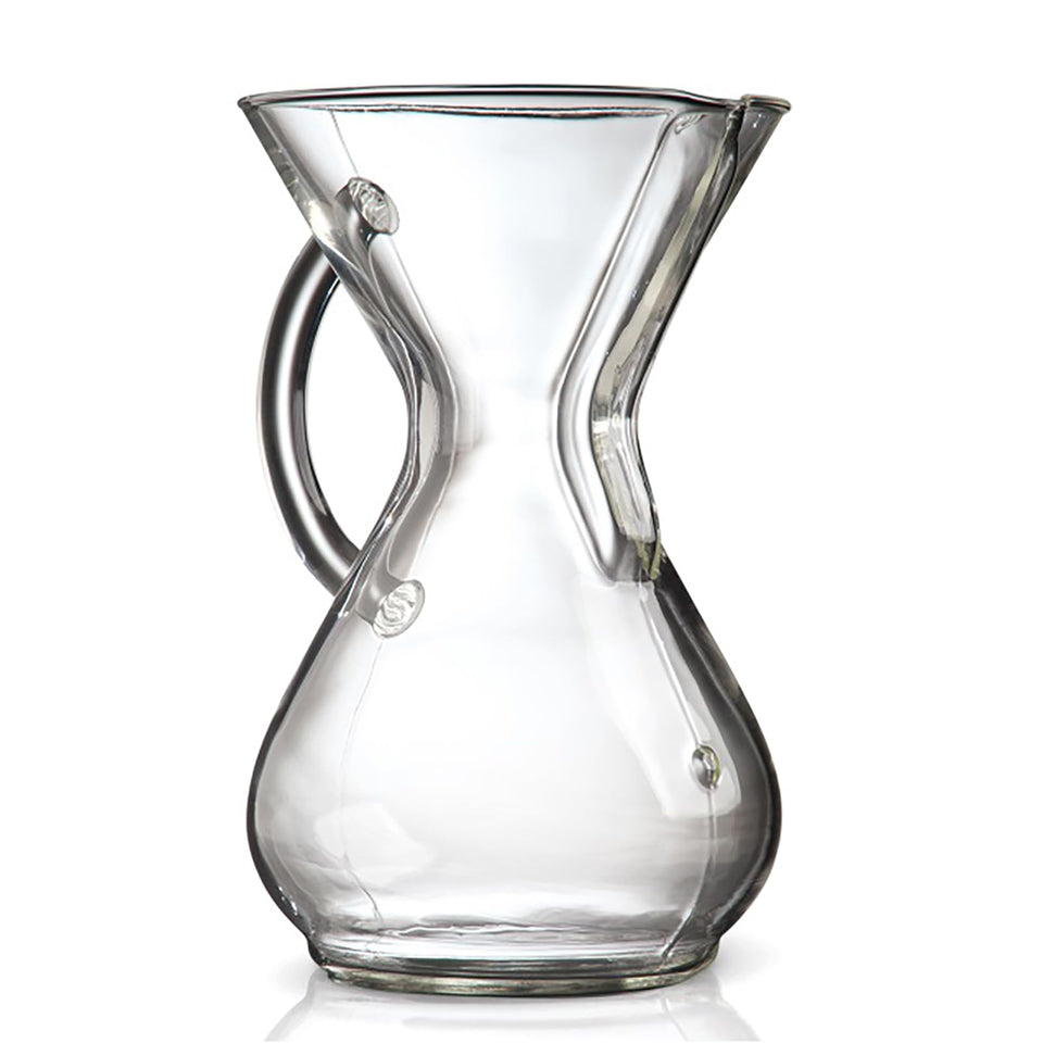 Chemex pour-over glass coffeemaker with glass handle for steady, stylish pours.