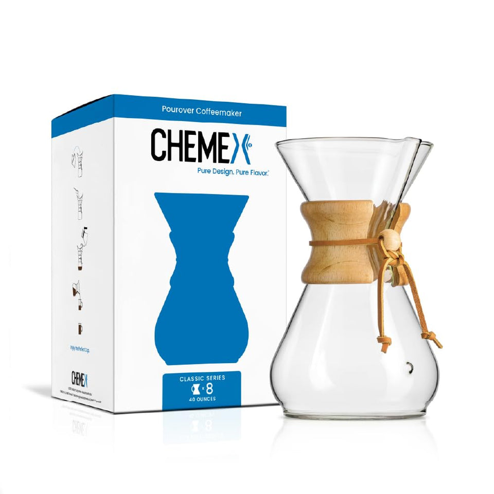 Chemex pour-over glass coffeemaker 8-cup with borosilicate glass preserves aroma.