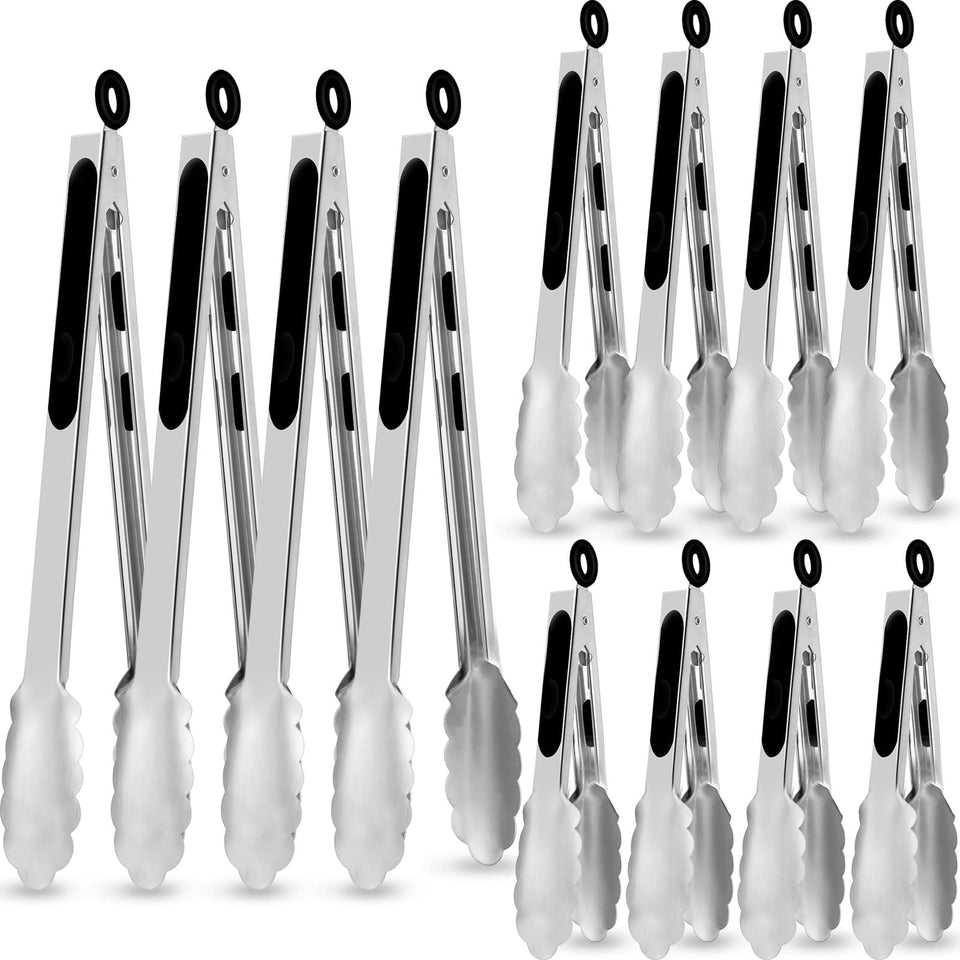 CHENGU 12-pack stainless steel tongs collection for versatile kitchen tasks.