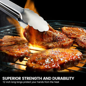 CHENGU 12-inch barbecue tongs for reaching hot grills safely.