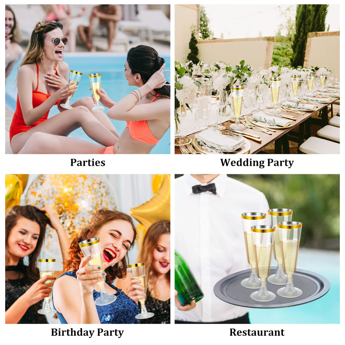 CHENGU champagne flutes closeup crystal highlights clear plastic elegance.