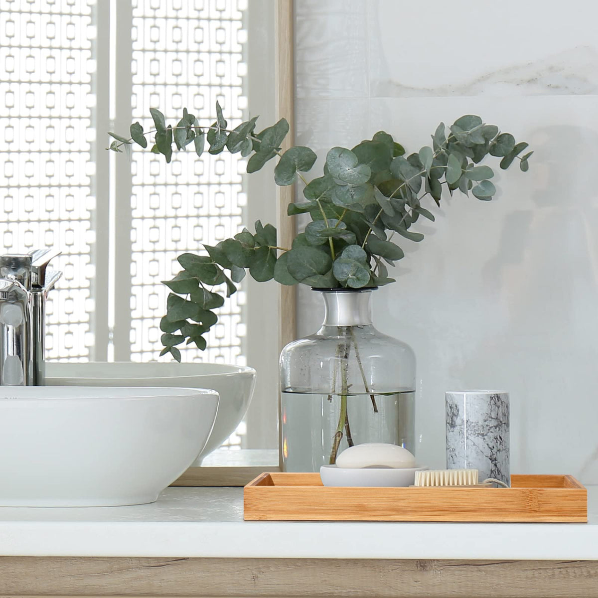 Chengu bathroom counter trays, lightweight bamboo that resists warping and flaking.