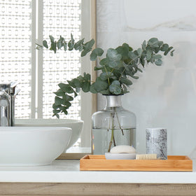 Chengu bathroom counter trays, lightweight bamboo that resists warping and flaking.