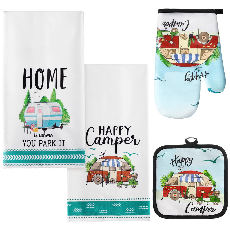 CHENGU camping dish towel and oven mitt set at campsite, ideal for quick meal prep.