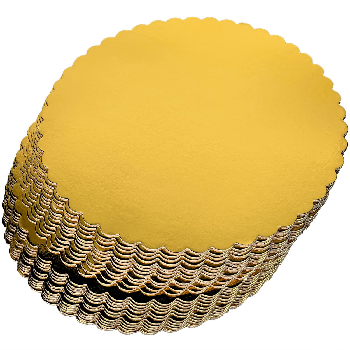CHERRY 25-pack 12in gold cake board with scalloped edge for elegant presentation.