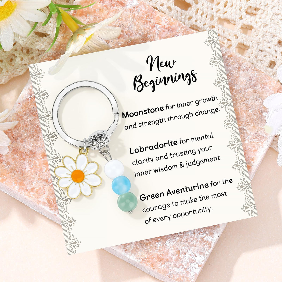 CHESACE Daisy keychain symbolizing fresh starts.