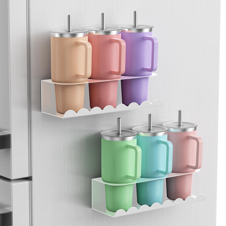 Chewlish magnetic Stanley cup holder on fridge with 3-slot design for quick access.