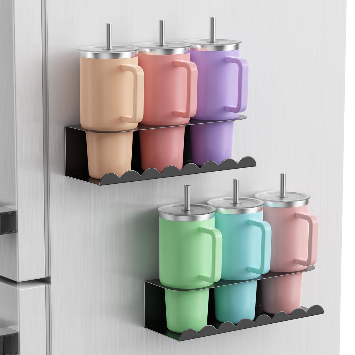 Chewlish magnetic Stanley cup holder on fridge keeps cups organized and visible.
