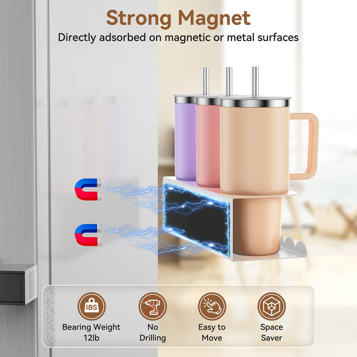 Chewlish Stanley cup organizer metal mount on fridge for stable storage.