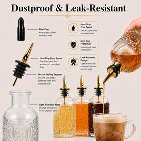 ChezMax syrup dispenser wooden stoppers keep liquids secure.