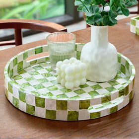 Chi An Home 12.6-inch round tray with checkered capiz for elegant table styling