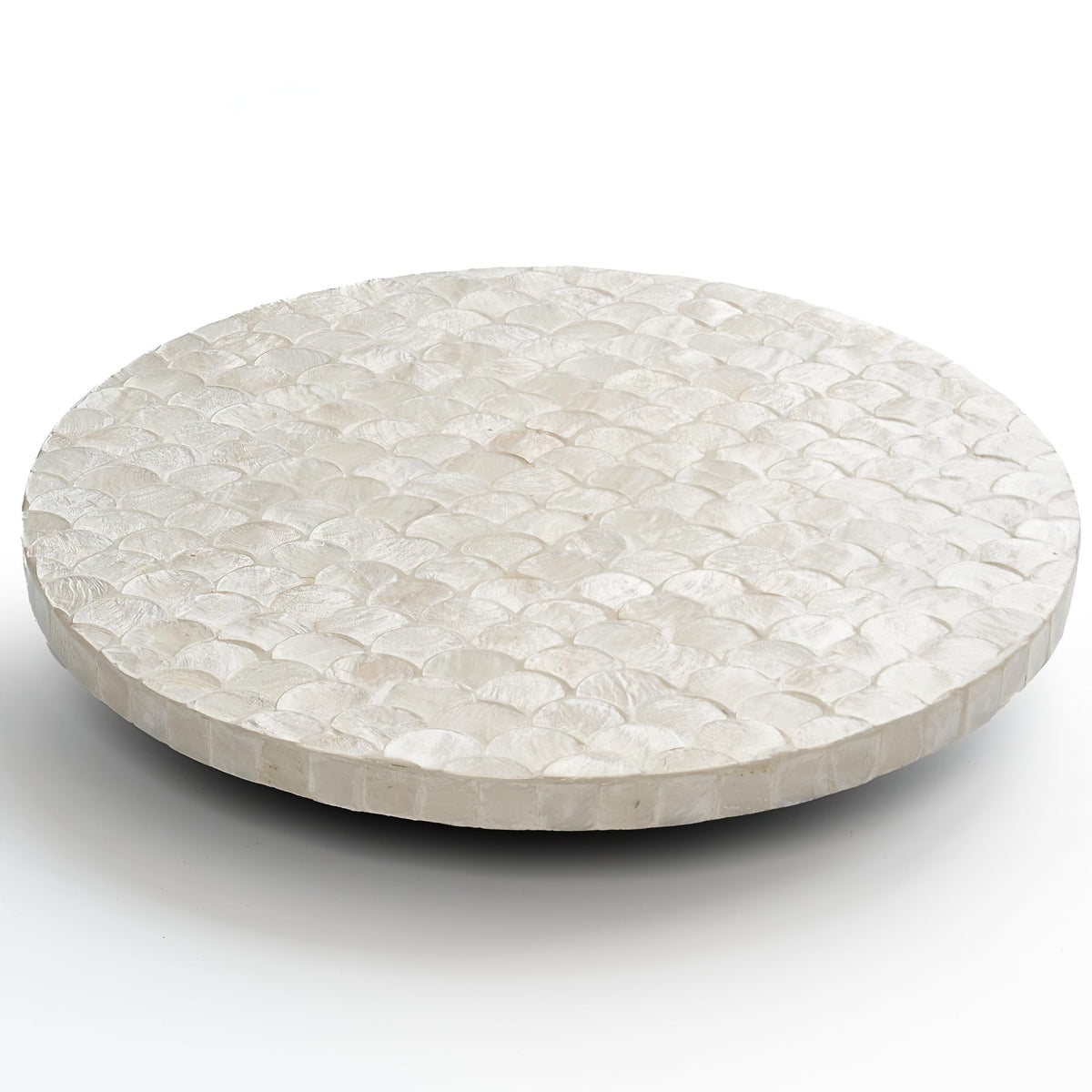 Chi An Home 12-inch Capiz Lazy Susan top view with iridescent shells for chic organization.