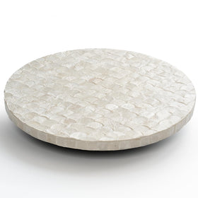 Chi An Home 12-inch Capiz Lazy Susan top view with iridescent shells for chic organization.