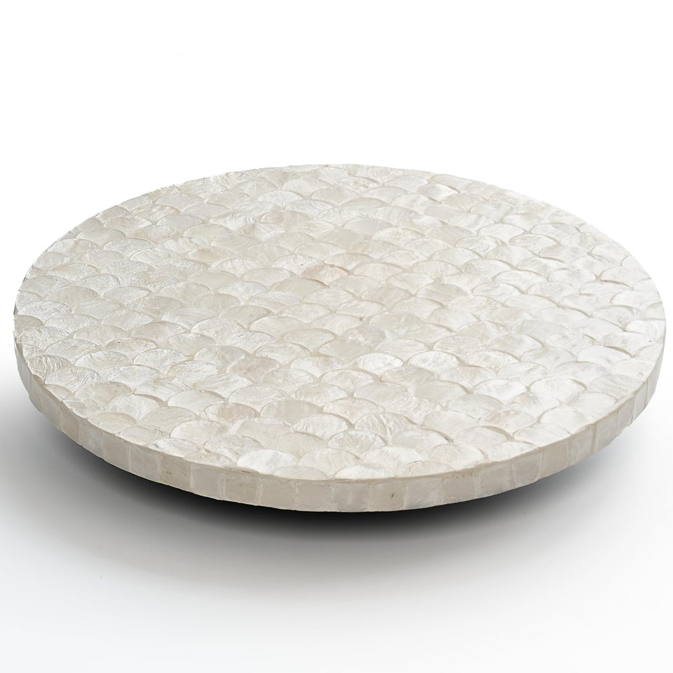 Chi An Home 12-inch Capiz Lazy Susan top view with iridescent shells for chic organization.