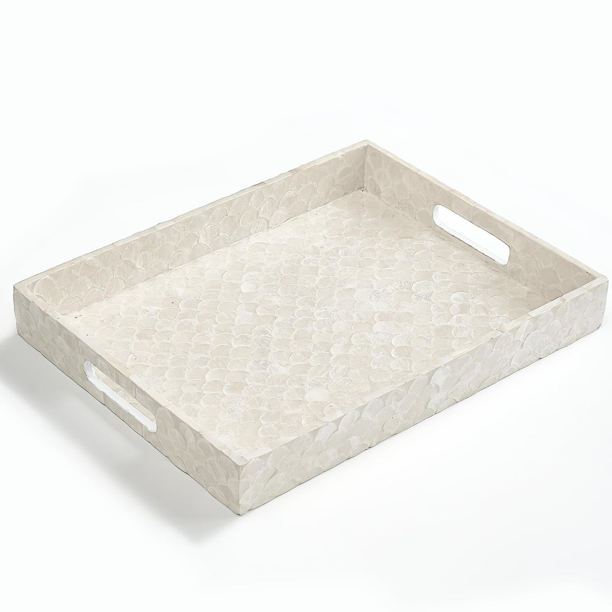Chi An Home capiz tray top view shows iridescent shells and coastal charm.