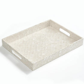 Chi An Home capiz tray top view shows iridescent shells and coastal charm.