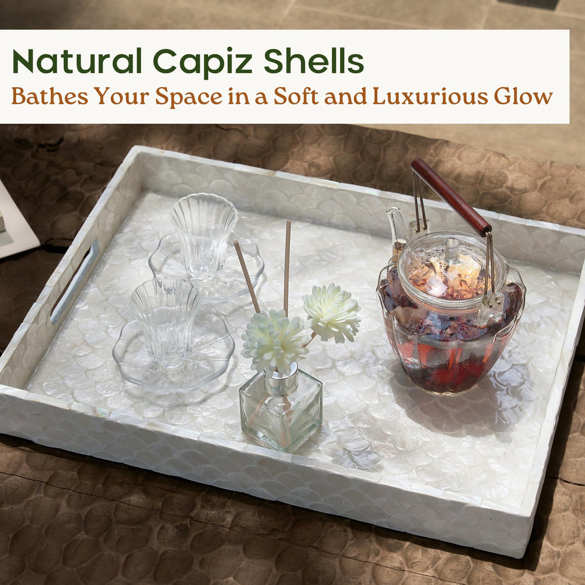Chi An Home capiz tray with handles enables easy serving and transport.