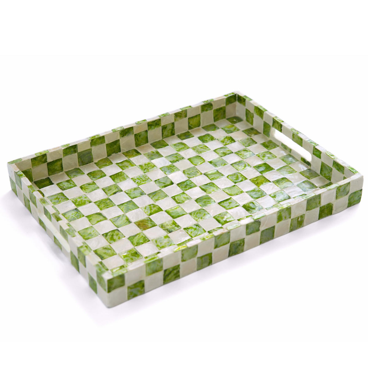 Chi An Home capiz-shell checkered tray adds elegant shimmer to living room surfaces