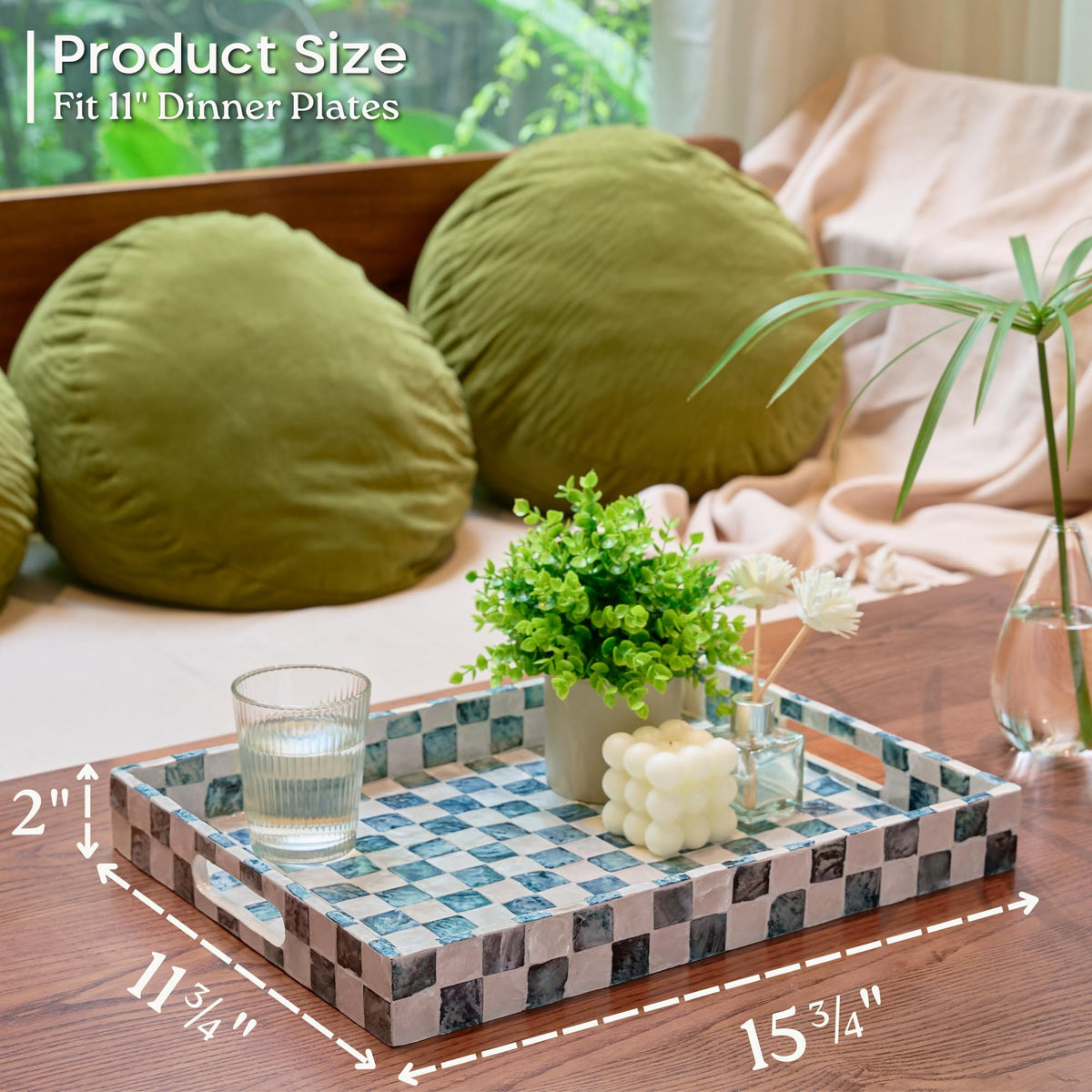Chi An Home capiz-shell tray on wood base enhances décor and organization.