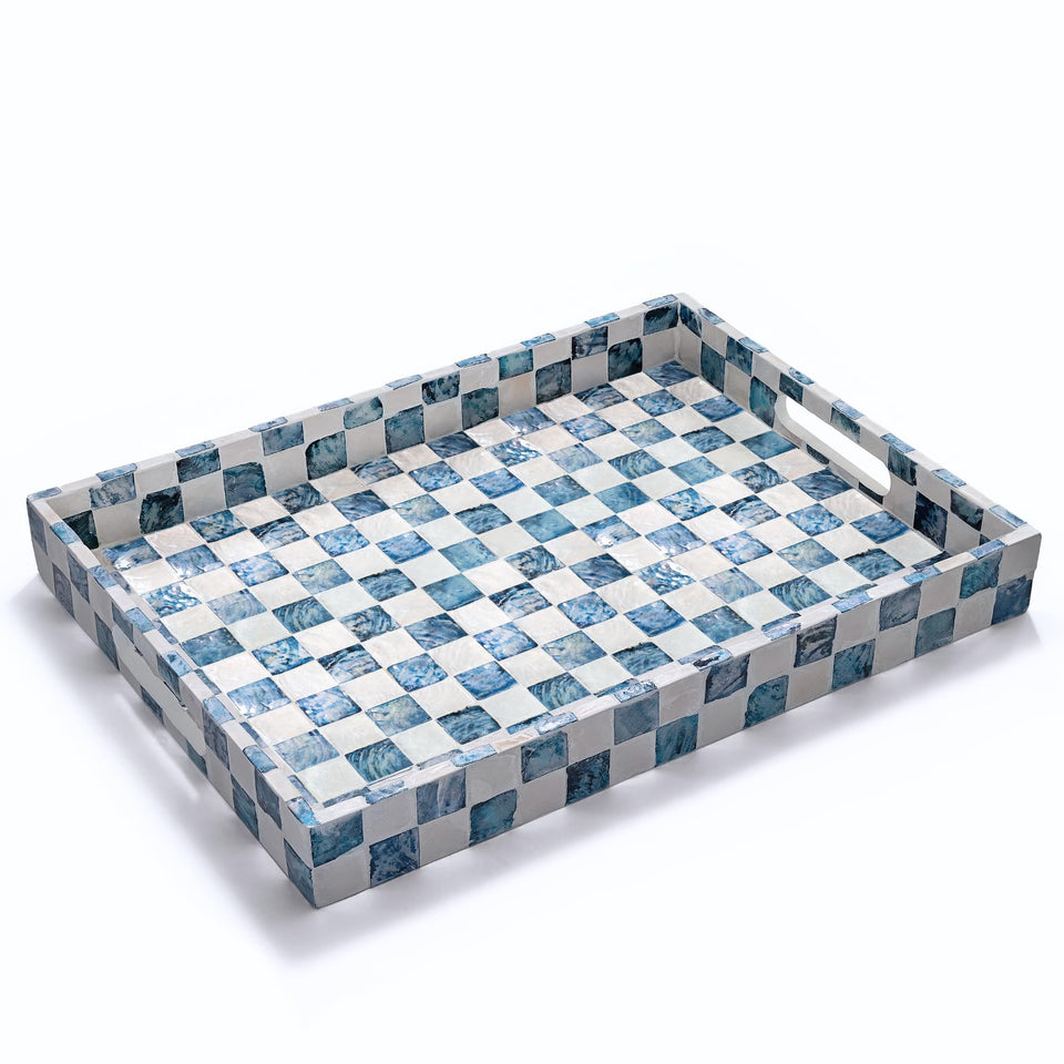 Chi An Home navy rectangular capiz tray with handles for elegant serving.