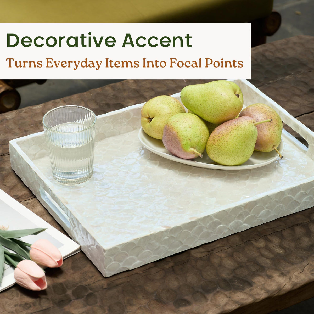 Chi An Home capiz tray wood base detail highlights durability.