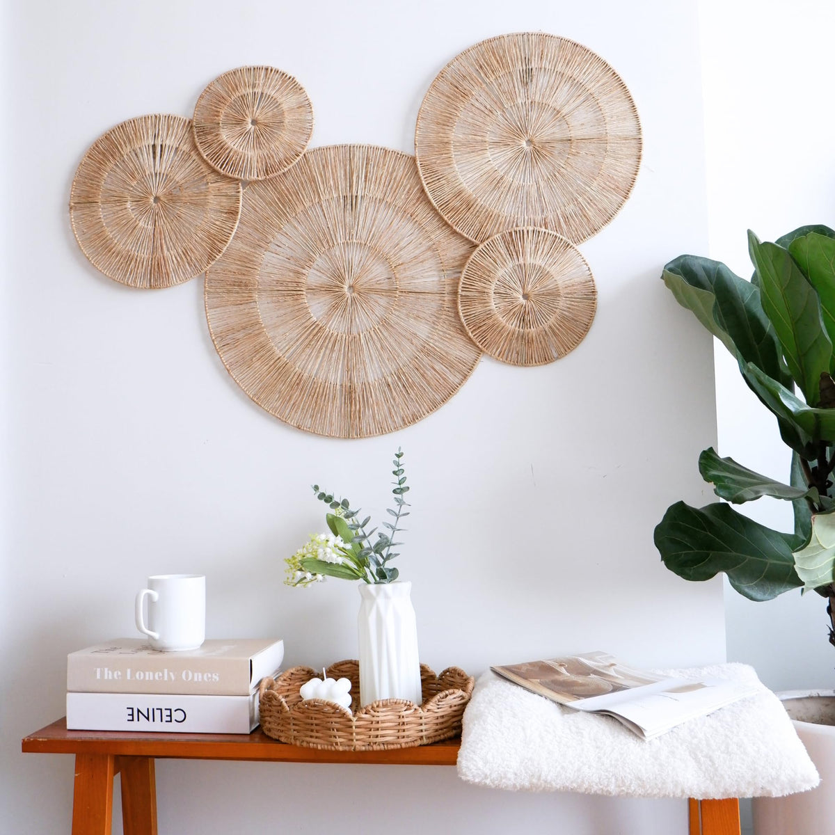Chi An Home handwoven jute wall baskets closeup showcases artisan craftsmanship.