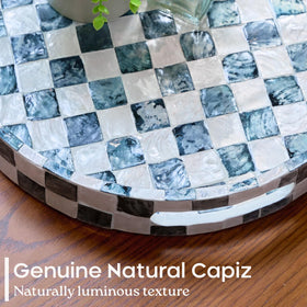 Chi An Home navy round serving tray displayed on a dining ottoman