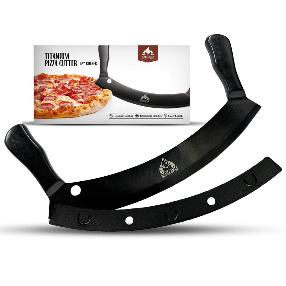 Chicago Brick Oven rocker blade slices crusts evenly for clean pizza portions.