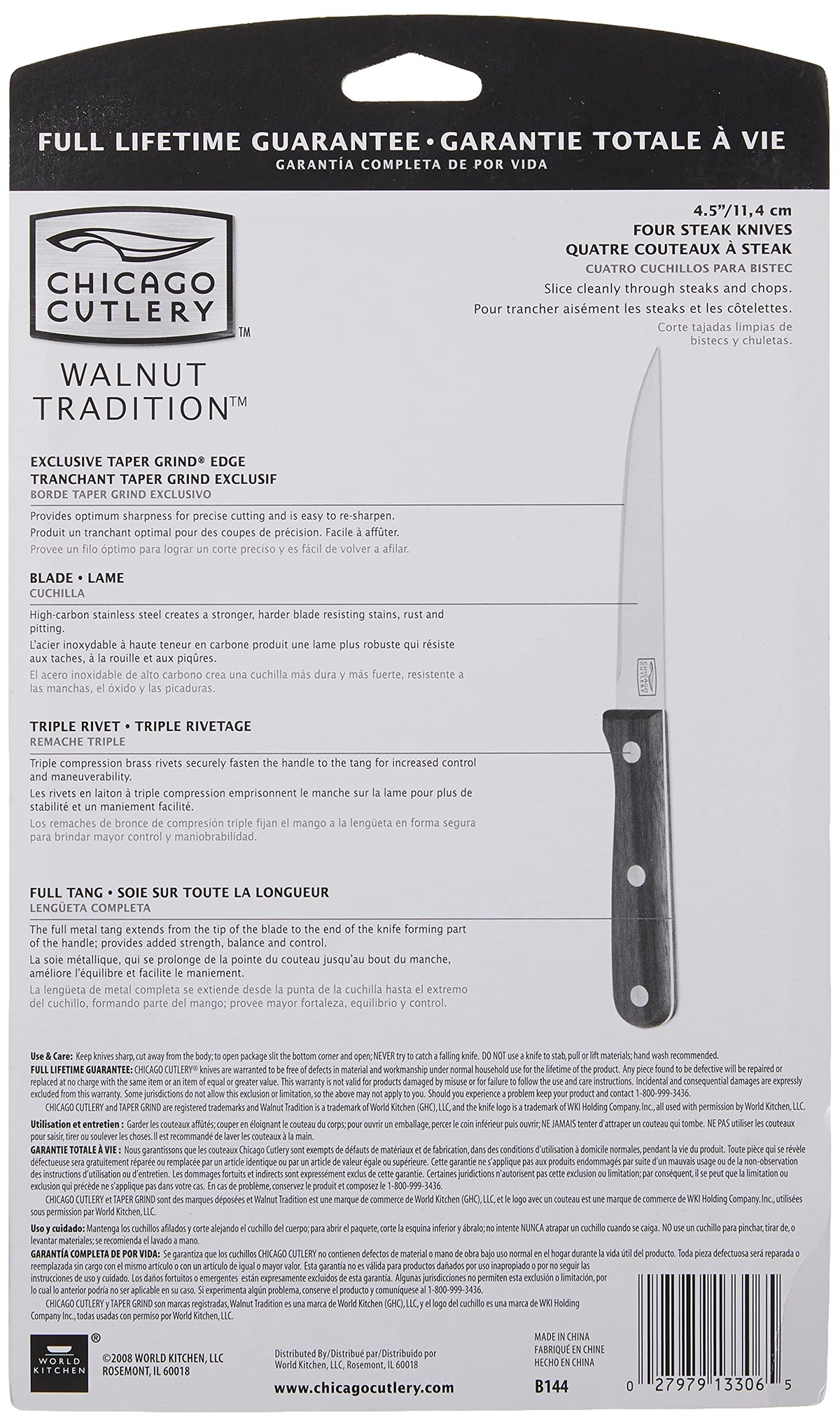 Chicago Cutlery B144 walnut handle detail enhances grip and comfort