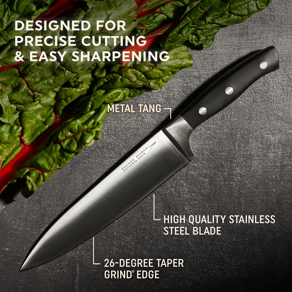 Chicago Cutlery Insignia acacia block showcases knives with stable storage and sharp edge access.