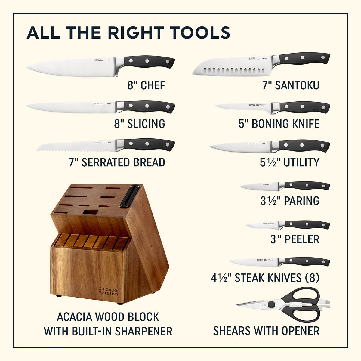 Chicago Cutlery Insignia built-in sharpener block keeps blades ready for precision cuts.