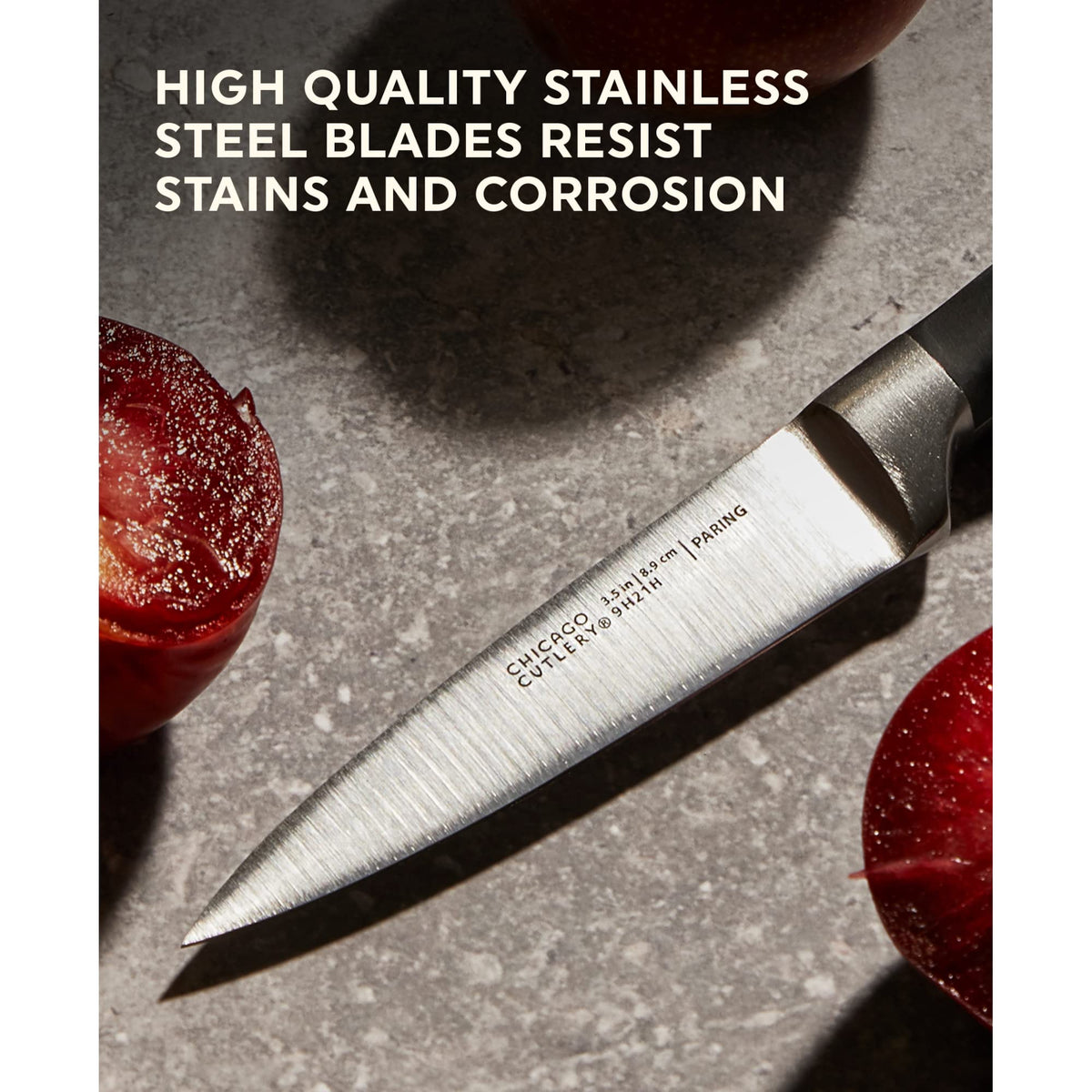 Chicago Cutlery Insignia stainless steel blades resist stains for reliable daily use.
