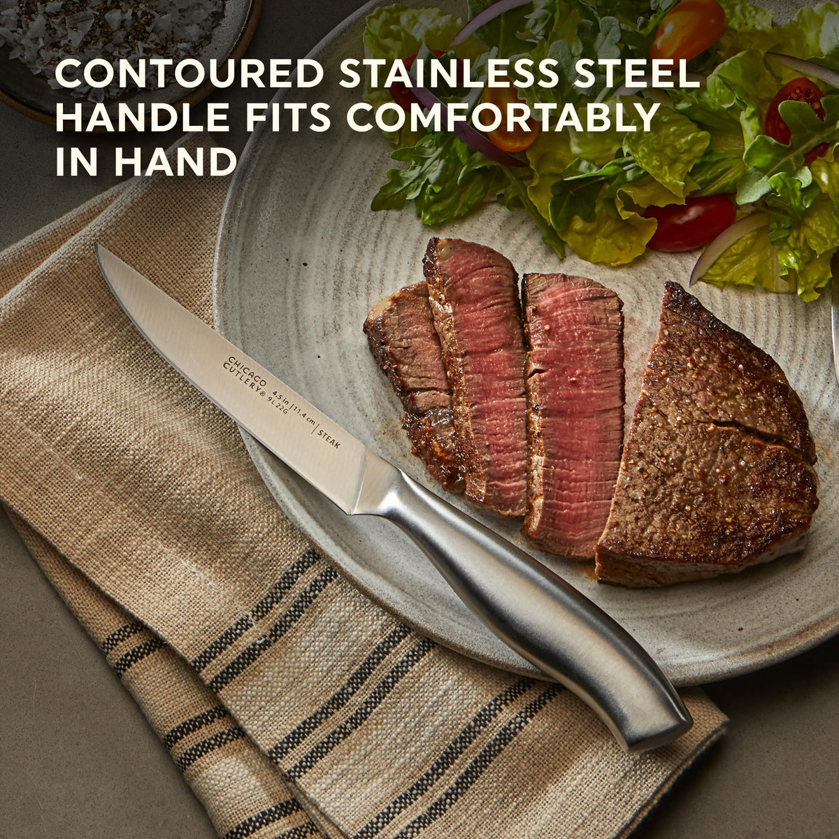 Chicago Cutlery Insignia 26-degree taper grind edge highlighting sharpness.