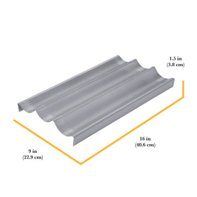 Chicago Metallic Commercial II baguette pan shows air circulation for even bake.