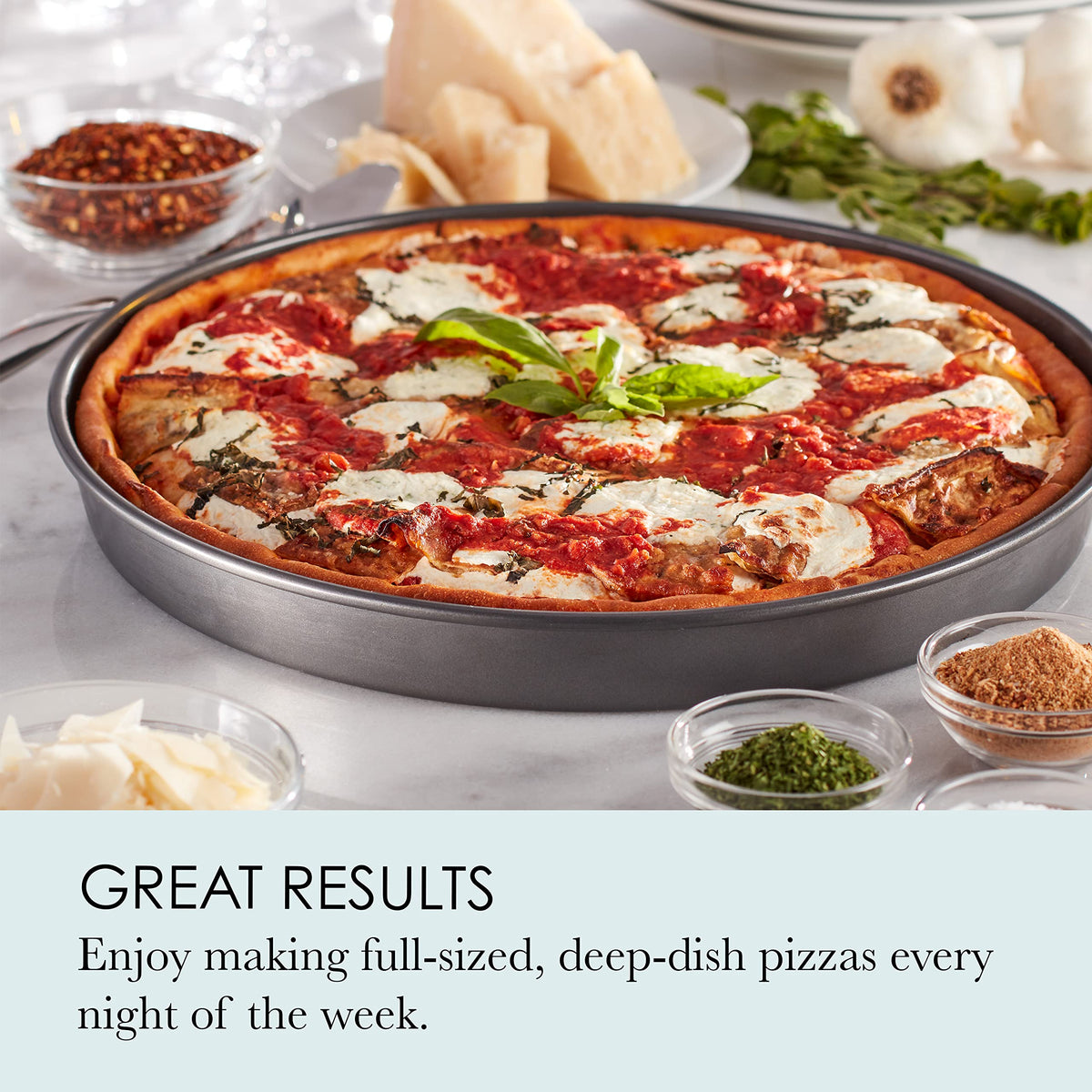Chicago Metallic deep dish pan close-up of silicone nonstick coating for easy release
