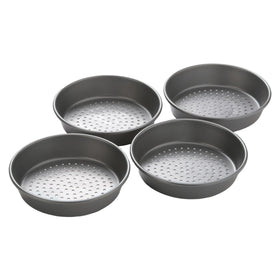 Chicago Metallic deep-dish pizza pan set with four 7-inch pans for personalized family pizzas.