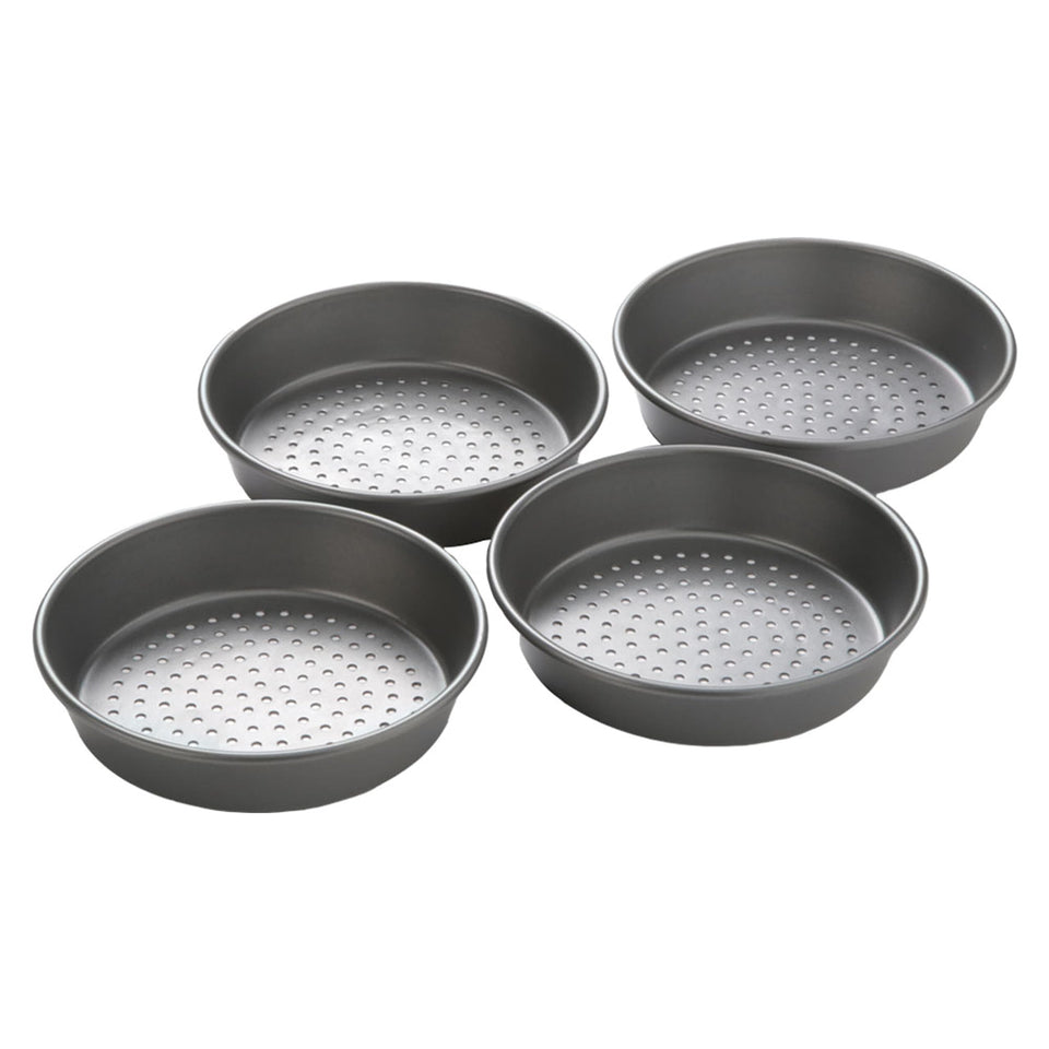 Chicago Metallic deep-dish pizza pan set with four 7-inch pans for personalized family pizzas.