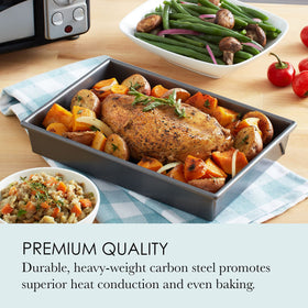 Elevated rack improves air circulation and even browning on meats and veggies.